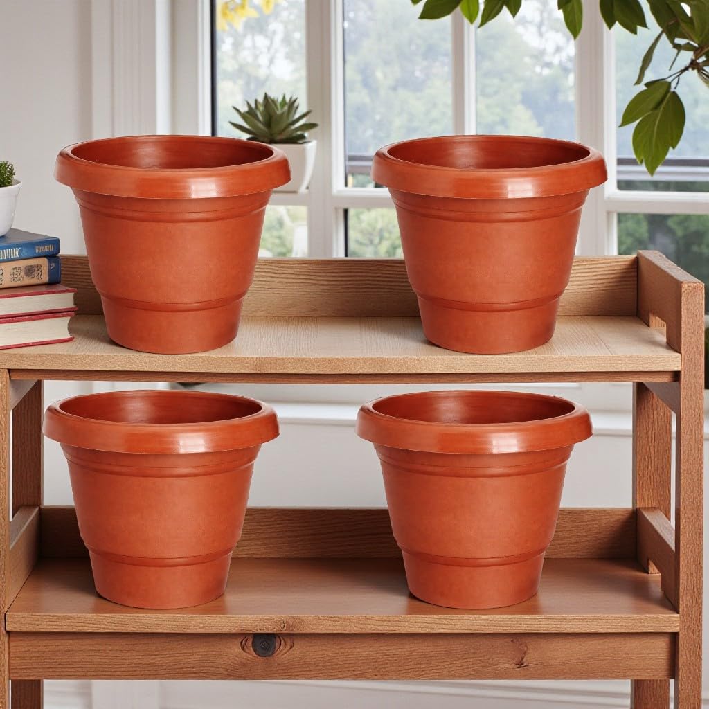Bhajanlal Greenery Plastic Pot pots for indoor plants with Bottom Plate, Brown, Size :10 inch (Pack of 4)-image-33