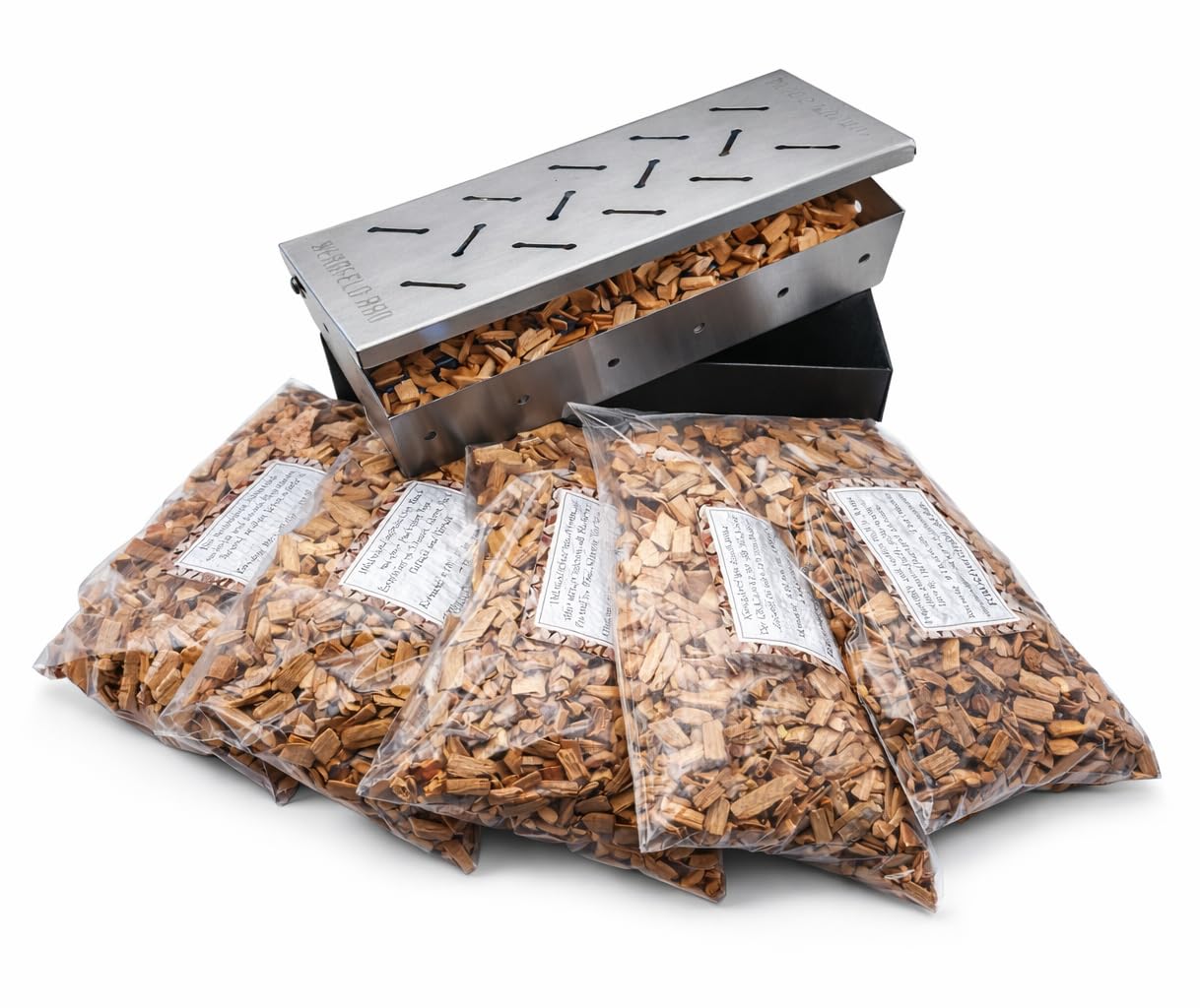 Bergfeld BBQ – Räucherbox-Set inkl. 5 Sorten Räucherchips (Apfel, Kirsch, Hickory, Buche, Eiche; je 150g) - für alle Grills - Box aus gebürstetem Edelstahl – BBQ-Aroma für Fleisch, Fisch, Gemüse