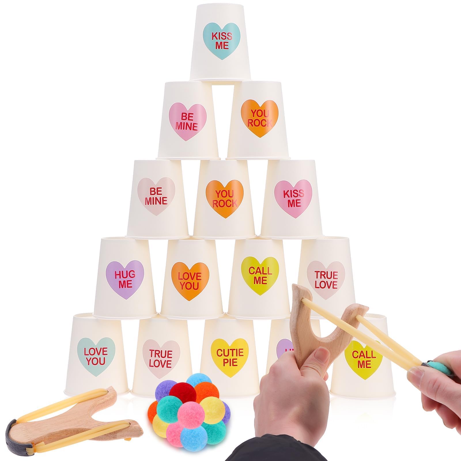 Valentine Toss Game Valentine's Day Games Cup Toss Game with 24 Paper Cup 72 Heart Stickers 2 Wooden Slingshot 20 Pompoms Throwing Carnival Games Couple Games for Valentine Party Outdoor Indoor