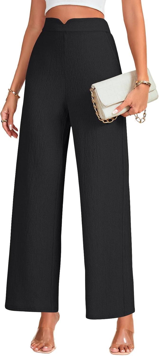 Vrtige Women's Textured Elastic High Waist Loose Classic Casual Wide Leg Pants - Image 3