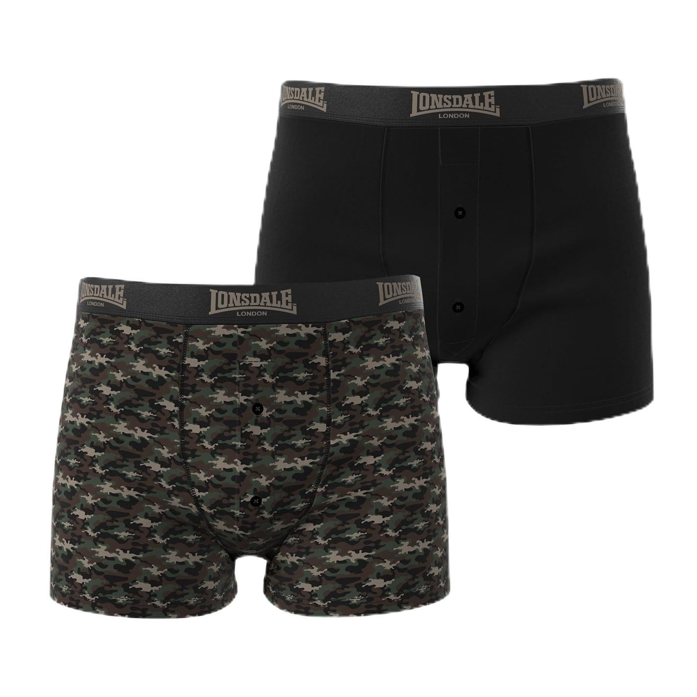 Lonsdale Mens 2 Pack Boxer Shorts Cotton Camo Khaki L