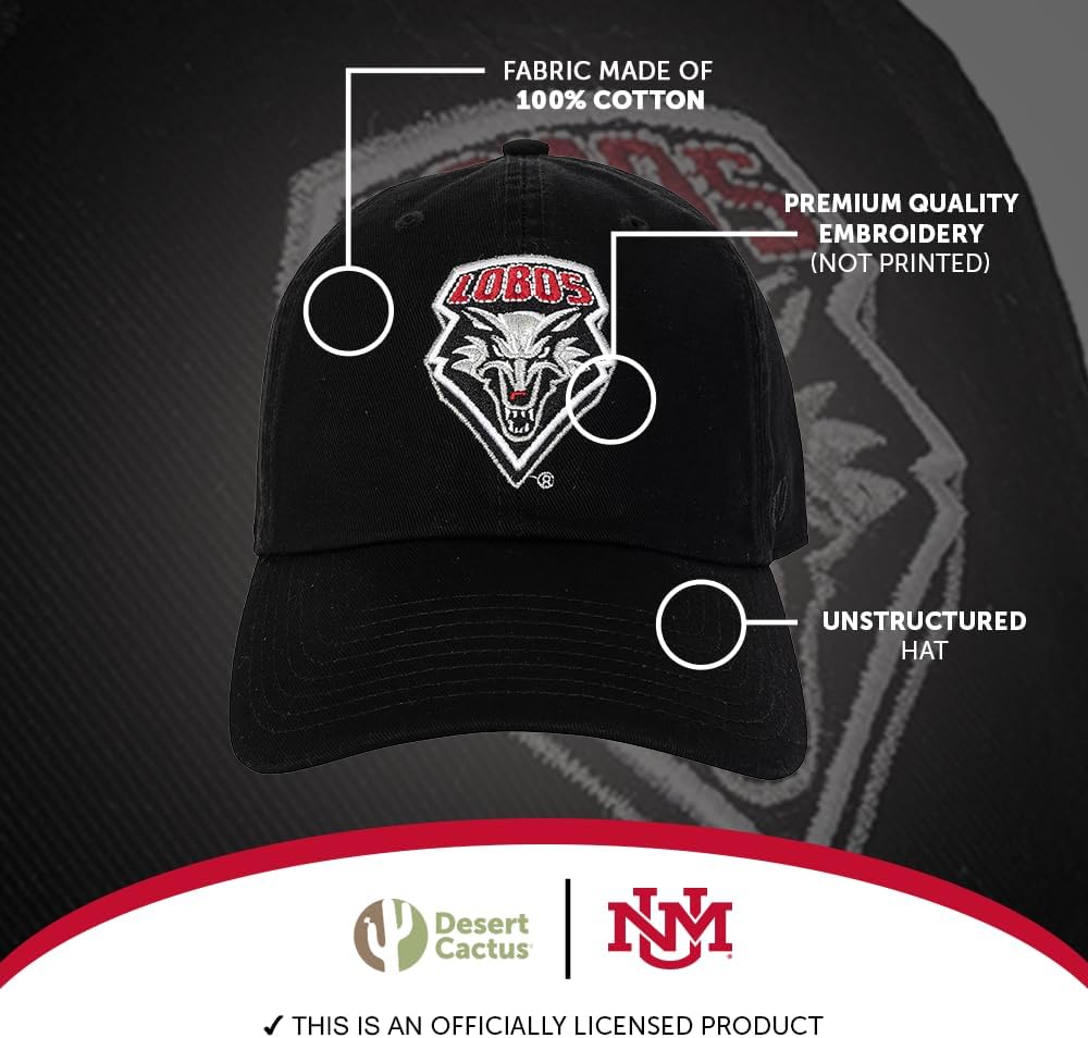 Desert Cactus University of New Mexico Hat Lobos UNM Baseball Hats Cap Adjustable Adult Team Color (Design 2) Black