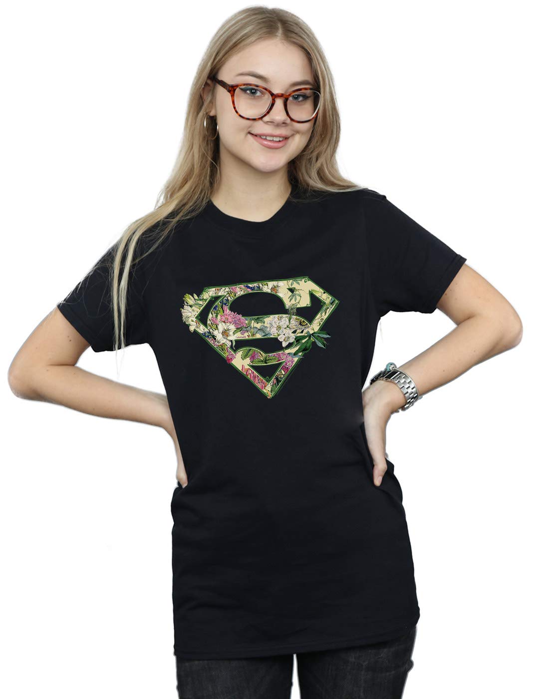 Absolute Cult Women's Black Dc Comics Supergirl Floral Shield Boyfriend Fit T-Shirt 4XL