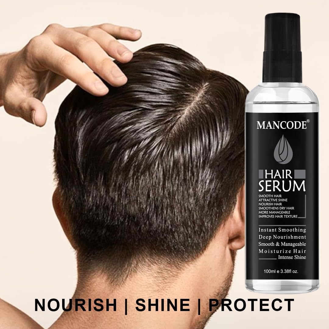 Man...code Hair Serum for Men Instant Shine & Smoothness Regular Use For Dry & Wet Hair Gives Frizz Free Soft & Silky Hair - 100ml (Men's Hair Serum, 100ml e 3.38fl oz.)