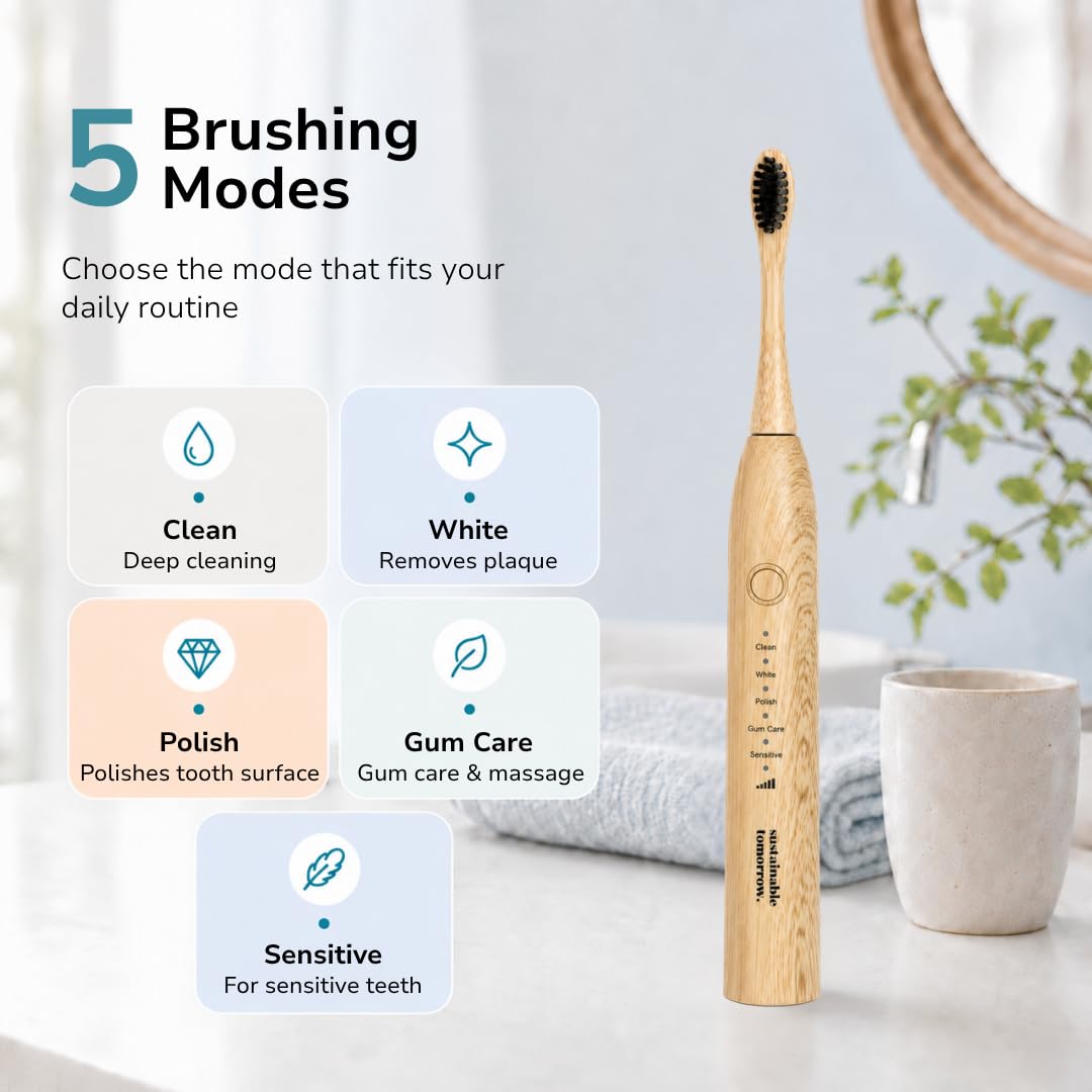 Sustainable Tomorrow Zen Bamboo Spazzolino da denti elettrico per adulti, ricaricabile con setole morbide a base vegetale, teste in bambù, 5 modalità e batteria a lunga durata, regalo di Natale ideale
