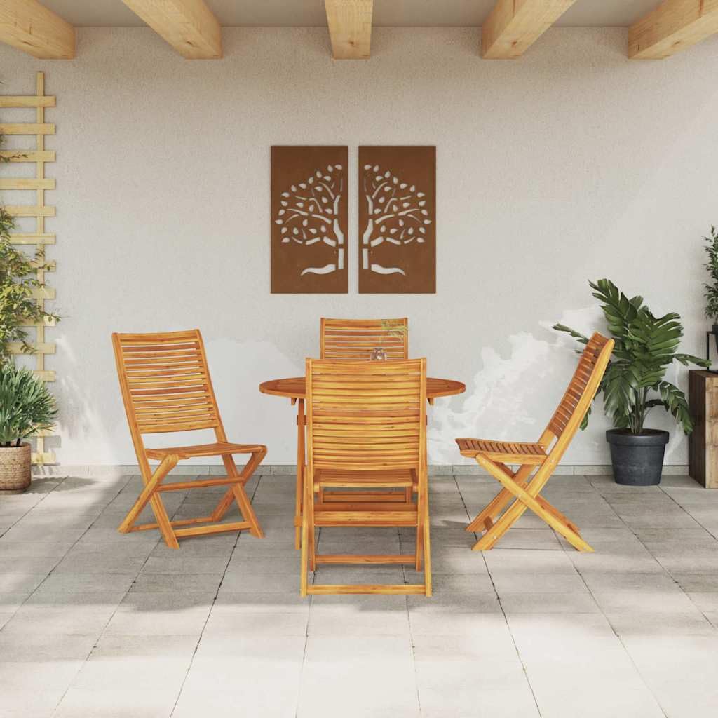 Juego de comedor de jardín rústico, 5 piezas, madera maciza de acacia, plegable, con cojines para patio y jardín