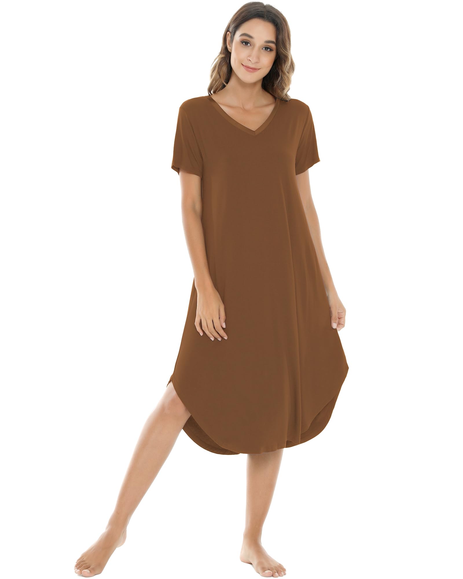 NACHILA Bamboo Viscose Nightgowns for Women Cooling Short Sleeve Sleepshirt | Soft V Neck Night Gowns, Moisture-Wicking Sleepwear for Hot Flashes &amp; Night Sweats, Ladies Nightshirts for Sleep, Home, Gift