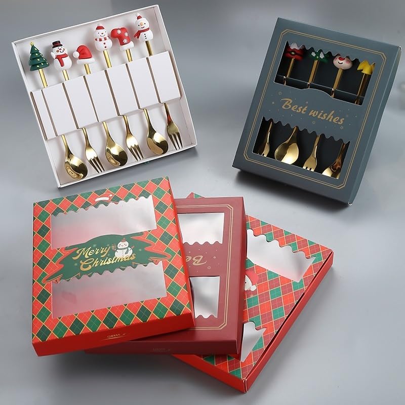 Silverware Flatware Set, Stainless Steel Dessert Spoon Christmas Cartoon Creative Gift Box(Silver,4Set)