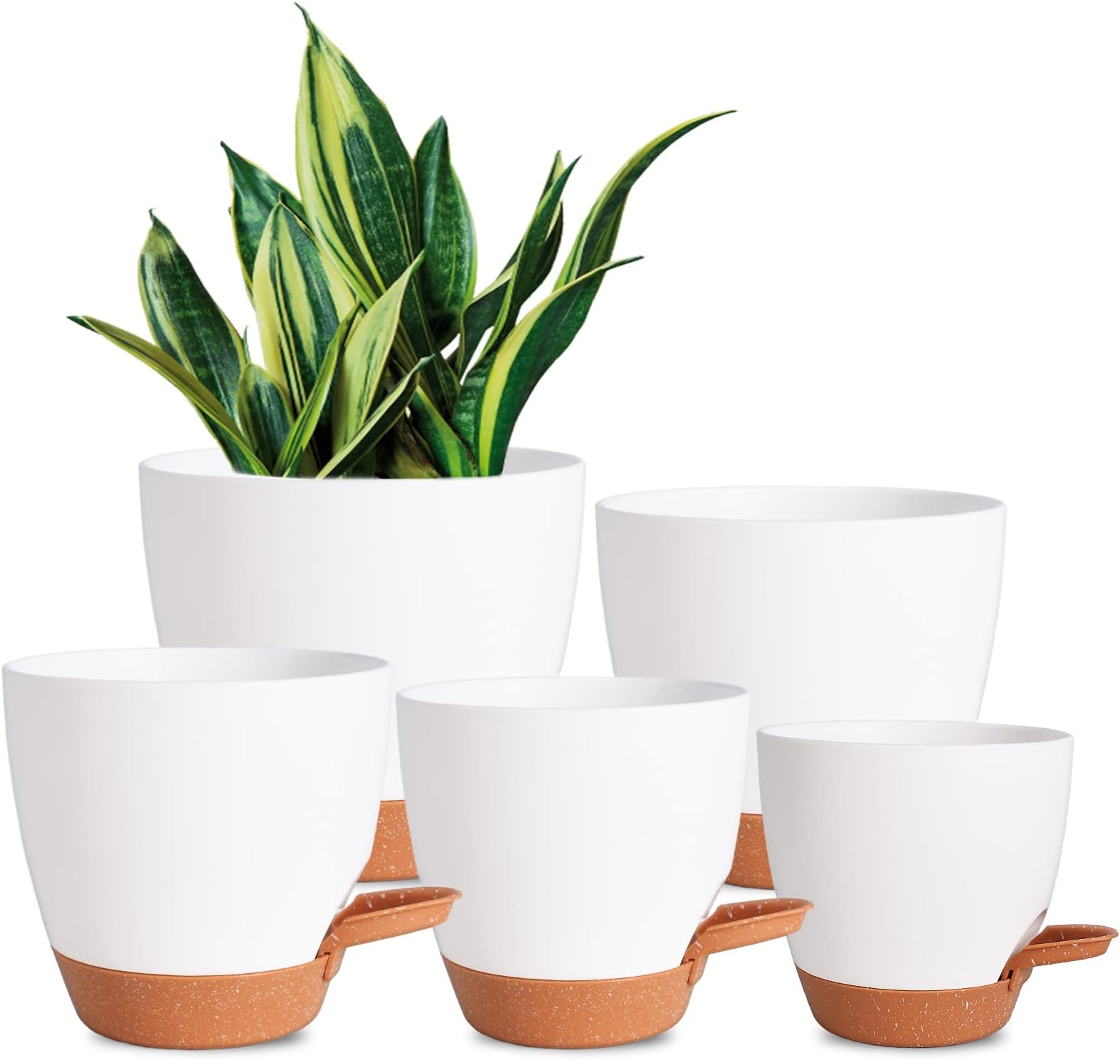 Vanslogreen Plant Pots for Indoor Plants 5 Pack Self Watering Planters, 7/6.5/6/5.5/5 Inch Self Watering Pots with Drainage Hole Plastic Flower Pot for Herbs, Succulents, African Violet (White)