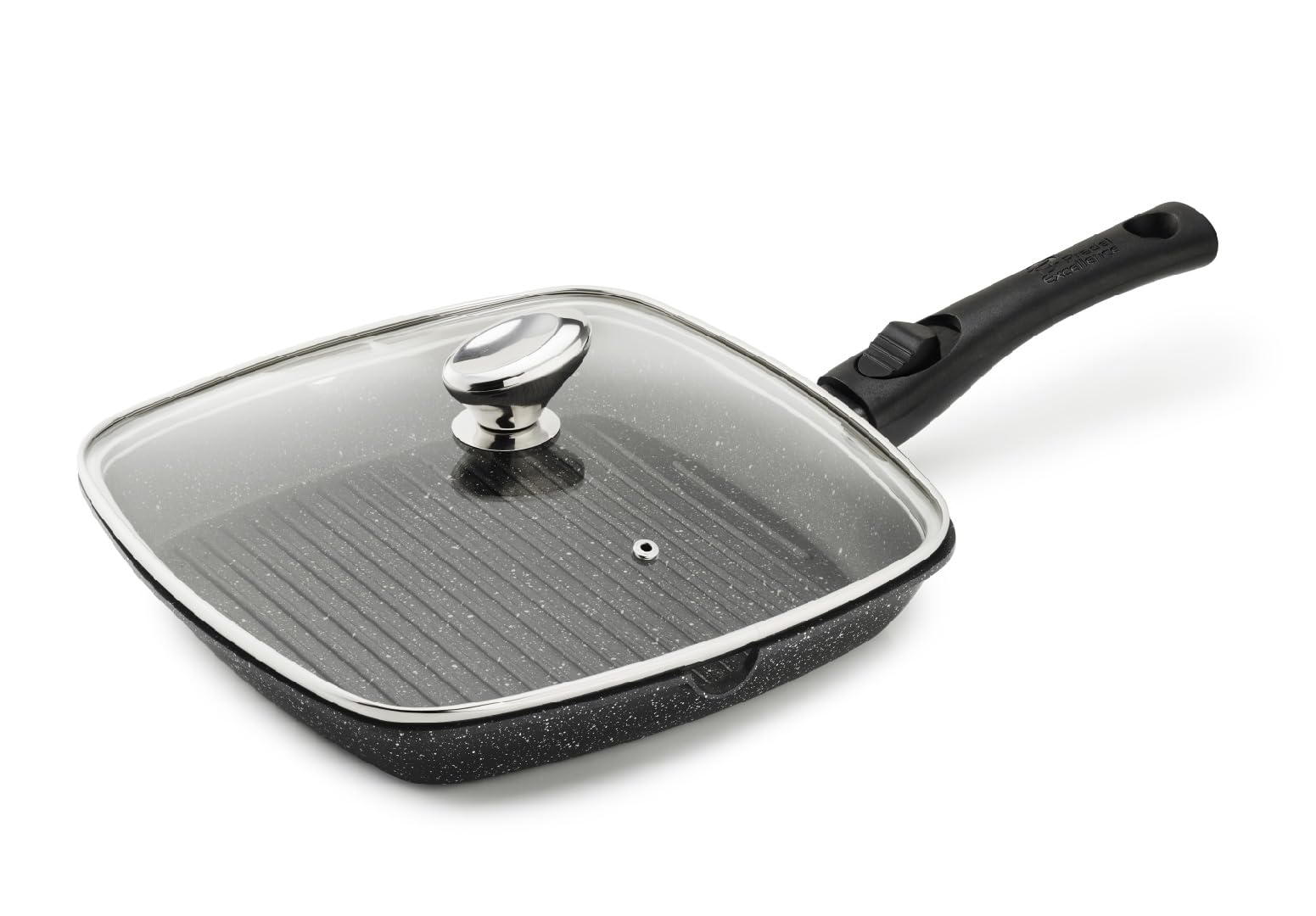 Pradel Excellence - PCUI001022 - Poêle Grill en Fonte d'Aluminium 28x28cm, Couvercle Verre - Revêtement Anti-Adhésif Façon Pierre - Manche Amovible - Tout Feu, Noir