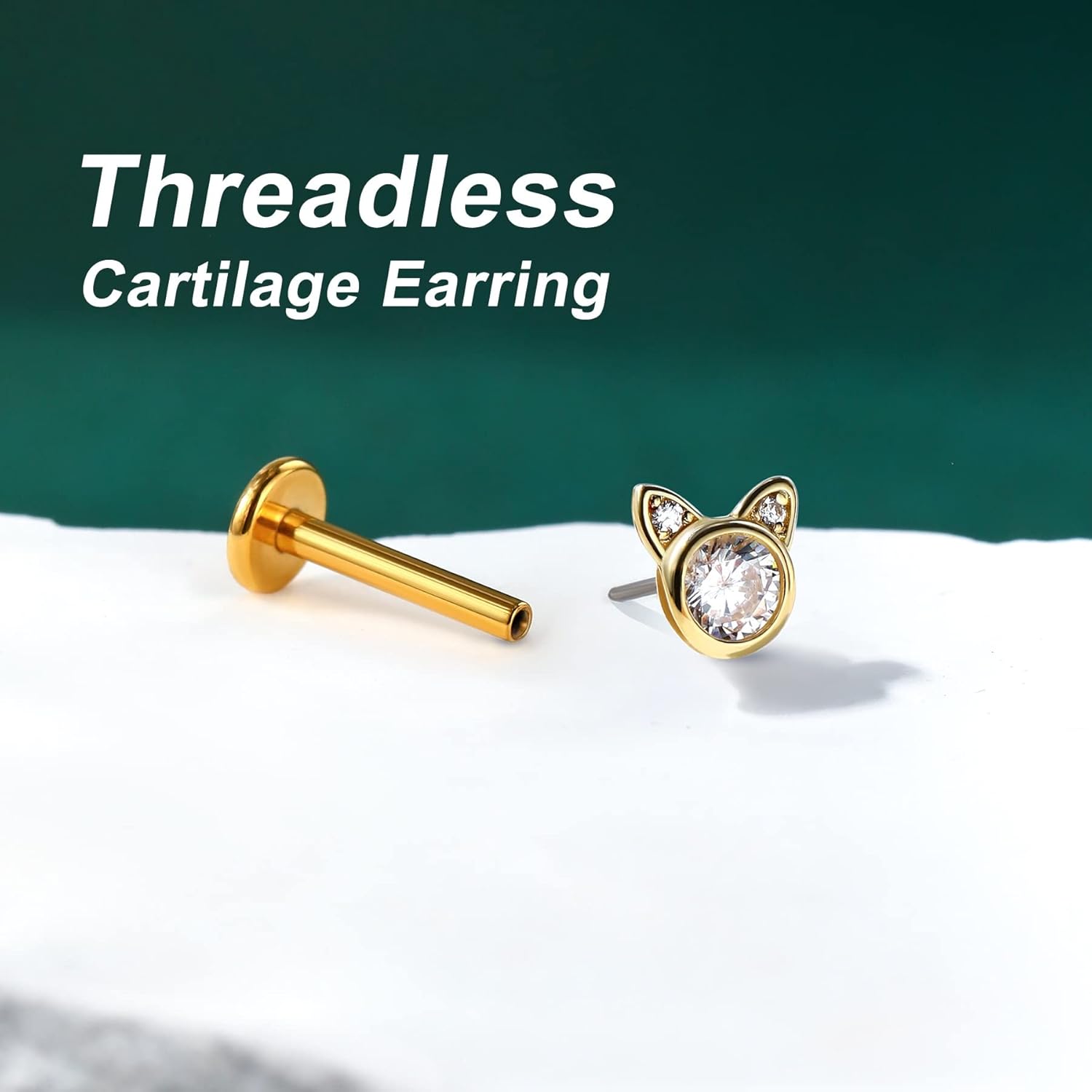 COCHARM 14K Gold Threadless Helix Cartilage Tragus Earring Stud, 16g Cat 14K Real Gold Tragus Labret Stud Flat Back, 14Kt Push Pin Helix Cartilage Piercing Jewelry - Image 4