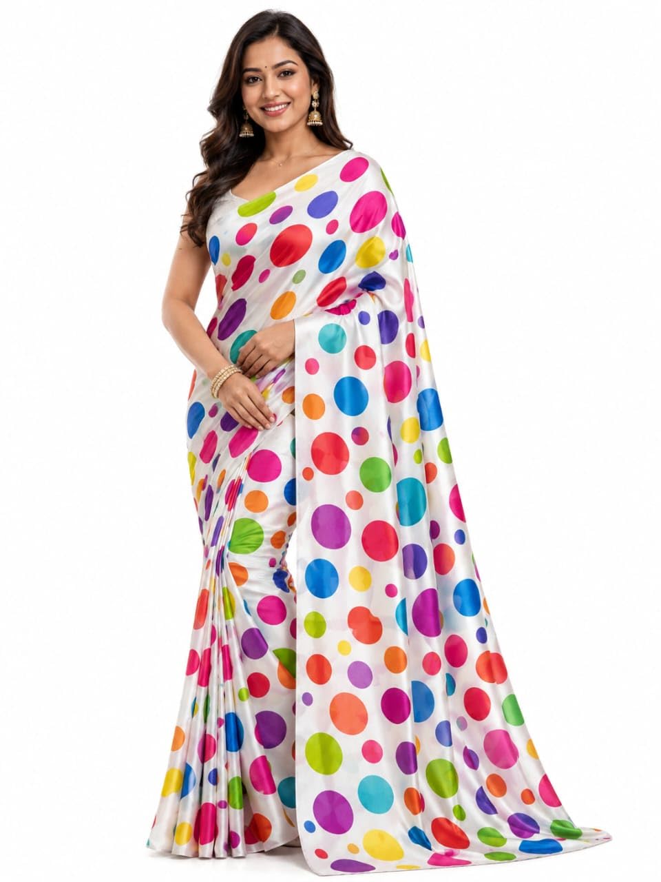 Premium Satin Georgette Saree Without Blouse for Women, Multicolor Polka Dot Print, Off-White, 5.5 Metre, Lightweight Daily Wear-picture-38