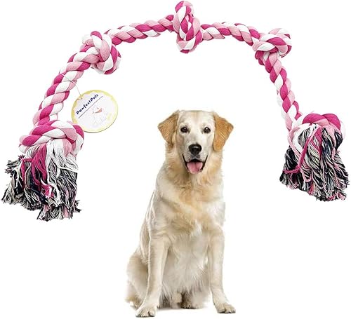 PawfectPals Juguete de cuerda para masticar y tirar y tirar de la guerra para masticadores agresivos (5 nudos, rosa)