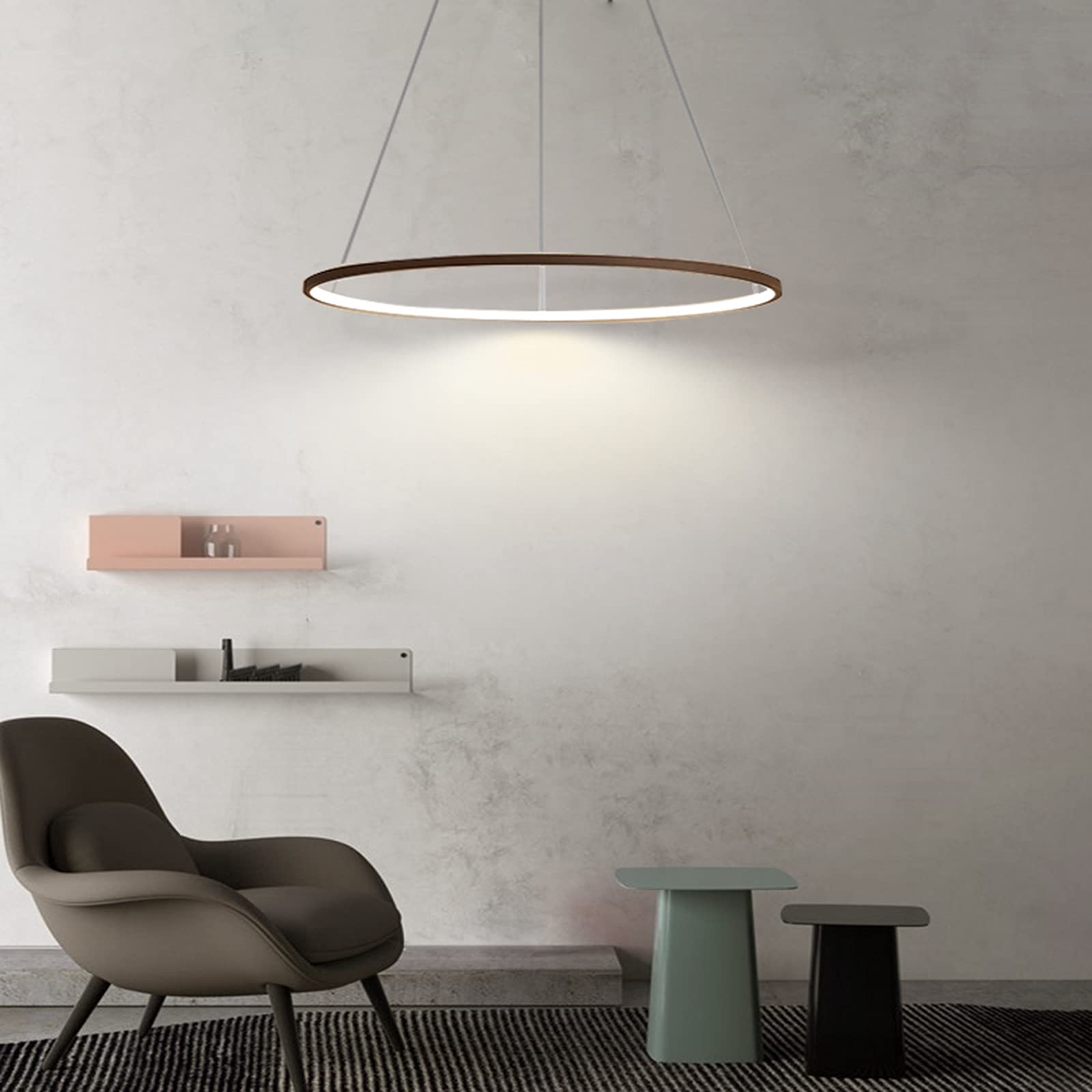 Lámpara LED moderna colgante de techo anillo aluminio 60 cm café 34 W, regulable 3000 K-6000 K 10-15 m² Iluminación interior diseño elegante ajustable 1,5 m, lámpara de techo