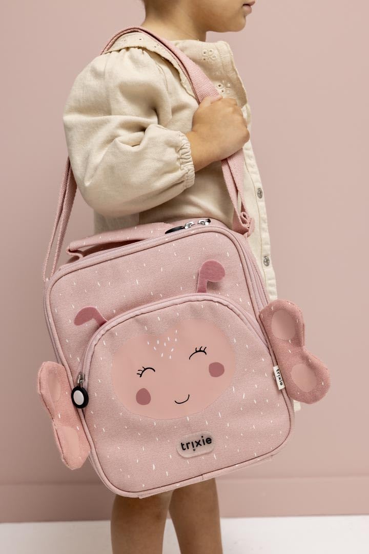 Trixie Isolierter Thermo - Brotbeutel mit Schultergurt, Vordertasche mit Reißverschluss, Namensschild, für Kinder in Schule, Kindergarten und Krippe (Mrs. Butterfly)