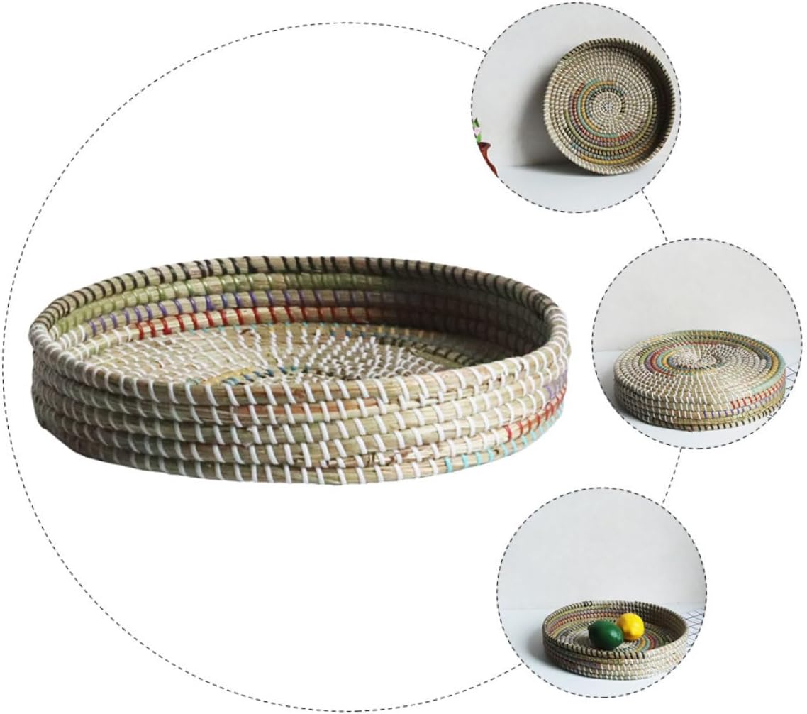 SECFOU Seagrass Woven Basket Tray for Home Storage Lightweight Desktop Fruit Plate for Picnics and Daily Use for Bread Snacks and Sundries Boho Style