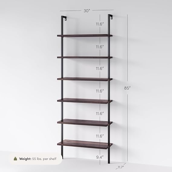 Nathan James Theo 6-Shelf Tall Bookcase, Wall Mount Bookshelf with Natural Wood Finish and Industrial Metal Frame, Nutmeg/Matte Black