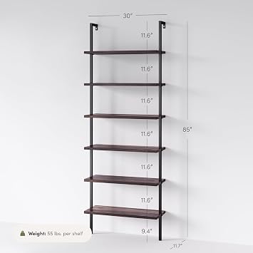Nathan James Theo 6-Shelf Tall Bookcase, Wall Mount Bookshelf with Natural Wood Finish and Industrial Metal Frame, Nutmeg/Matte Black