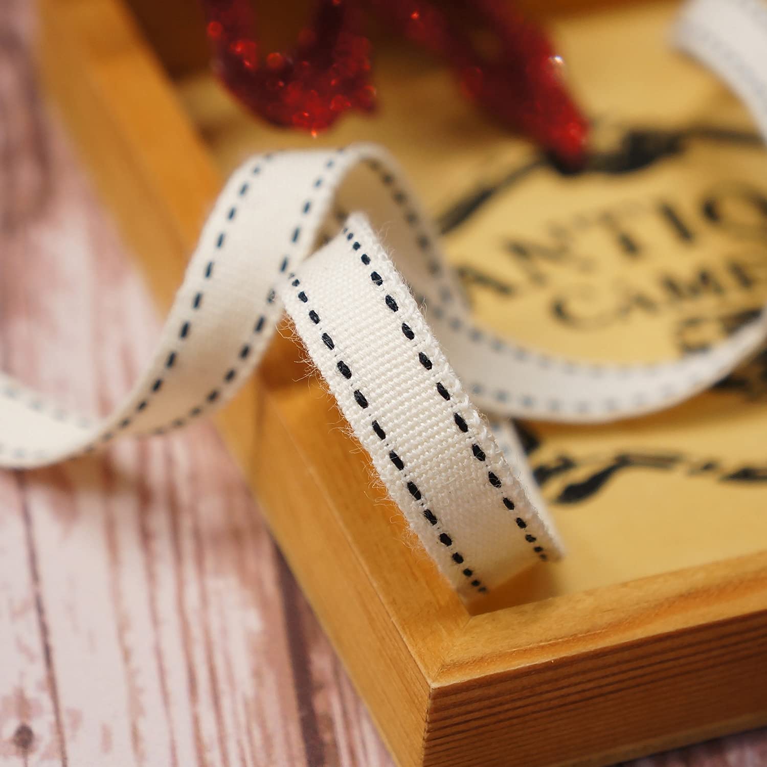 Cinta de algodón marfil con costuras negras (3/8 pulgadas (10 mm) x 10 yardas) | Negro/Marfil | Decoración del hogar, regalos de envoltura y manualidades decorativas personalizadas