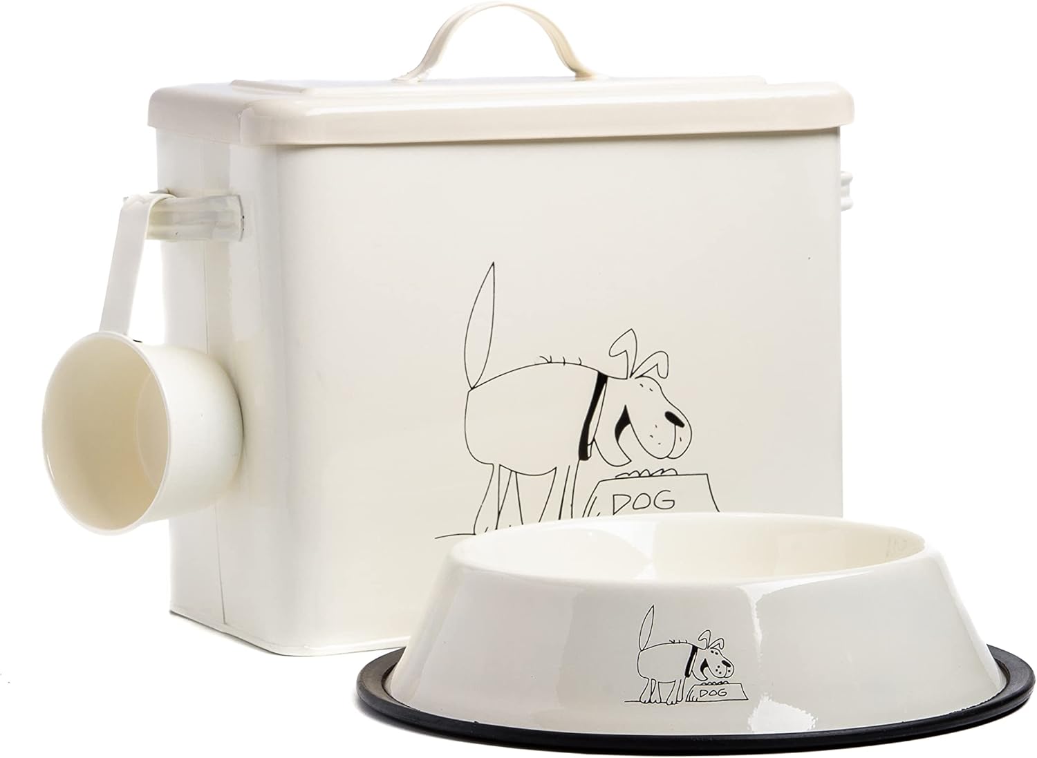Cream Colored Cute Dog Treat or Food Canister with Bowl and Scoop. Simple but Useful Dog Food Storage Container. Dog Bin Set with for Storing up to 4lbs of Dog Treats or Food