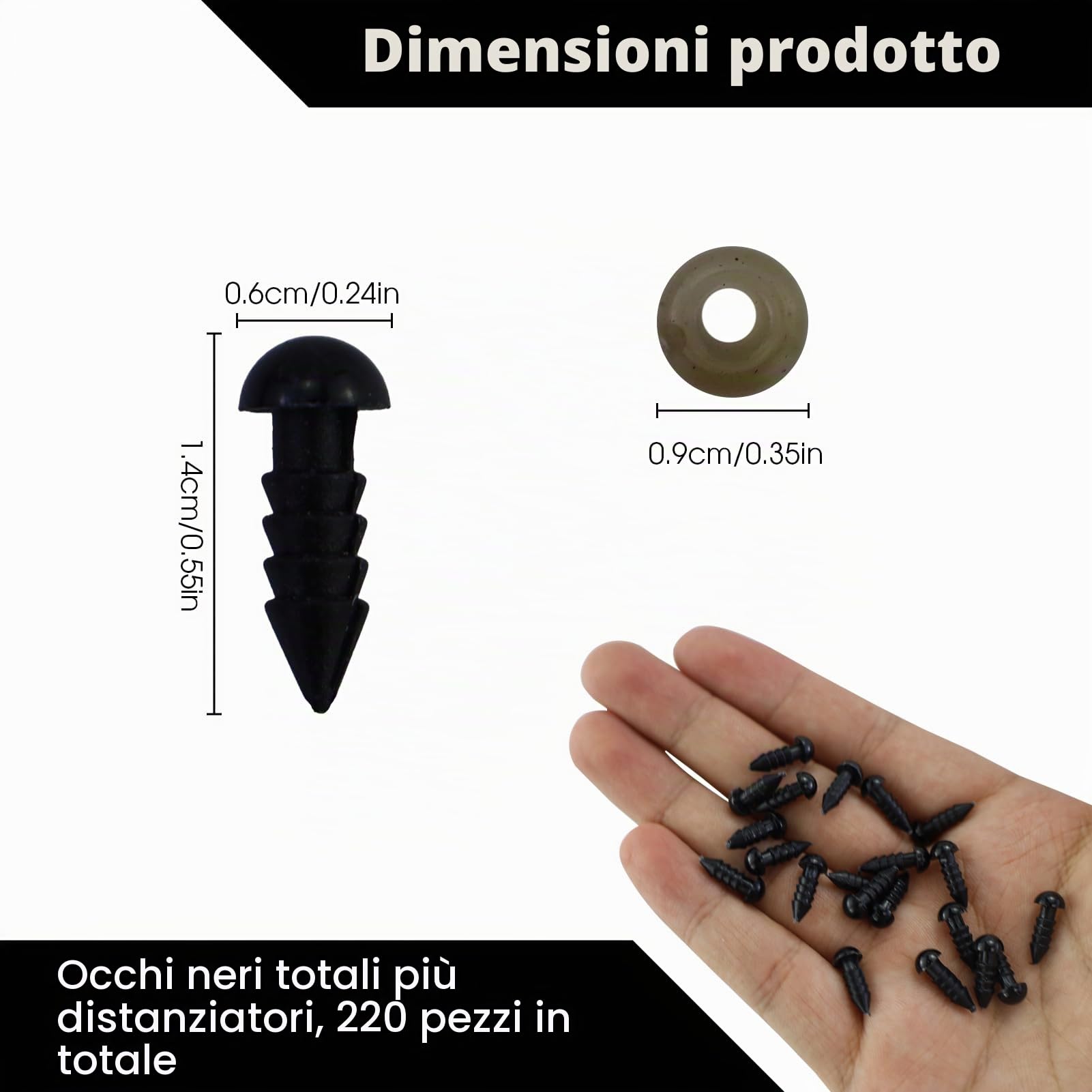 220 Occhielli di Sicurezza per Animali all'Uncinetto, in plastica, 6 mm, Colore Nero, Amigurumis, Occhi per Animali di Peluche, Occhi delle Bambole con rondelle Peluche Fai