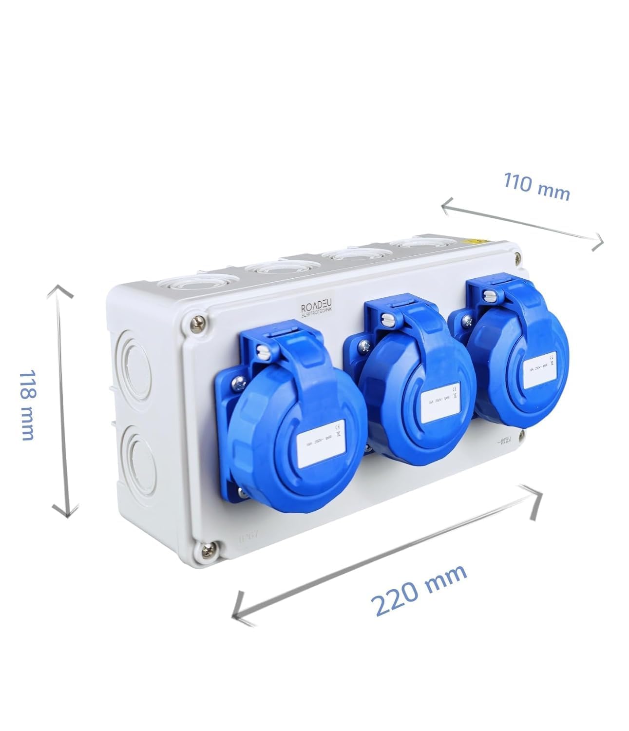 RoadEu Caja de Distribución IP67 con 3 Tomas 230V 16A, Cuadro Eléctrico Exterior Impermeable Precableado para Jardín, Taller y Obra