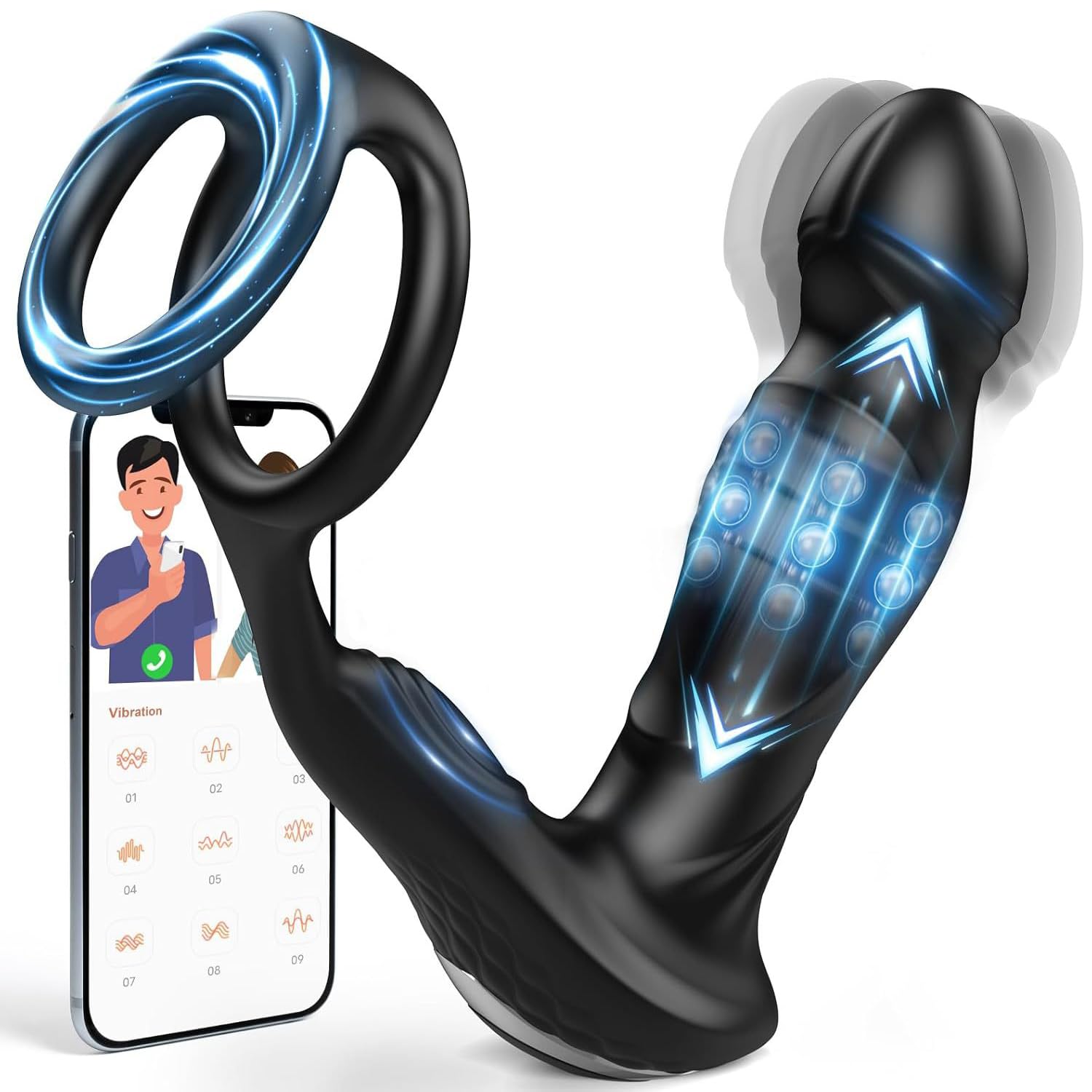 Vibratore 3 in 1 con anello, modello — giocattolo erotico per uomini, dotato di 10 modalità di stimolazione e vibrazione, massaggiatore prostatico