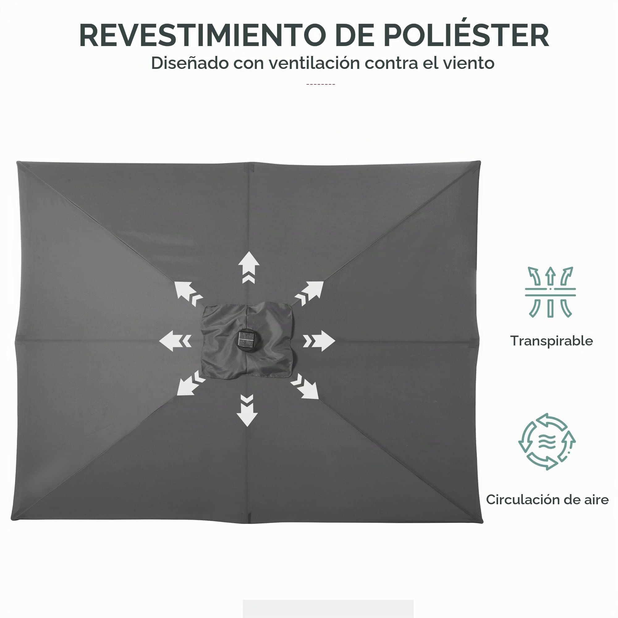 Outsunny Sombrilla Terraza Exterior 2,7x2x2,5 m Inclinable Luces LED | Sombrilla de Jardín, Techo hasta 45°, Poste de Acero, Manivela, Parasol para Patio Terraza