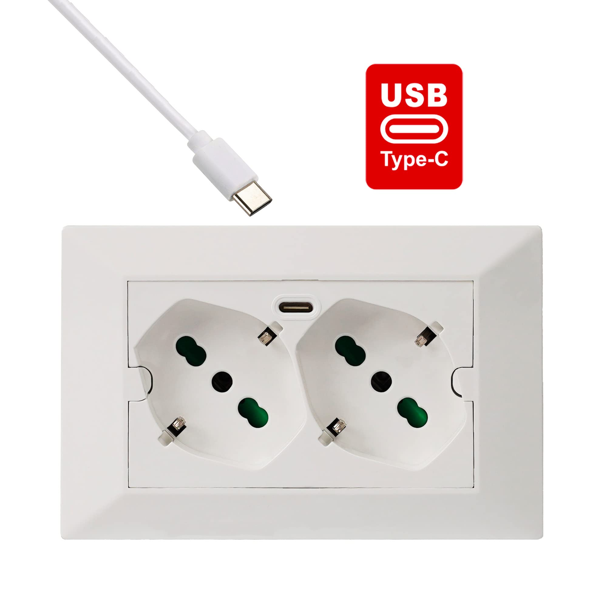 FANTON 421000 Multipresa universale da incasso OPERA/PLA doppia presa bipasso 2P+T 16A 1 presa USB-C 5V 3A precablata 3 moduli + adattatore USB C/A