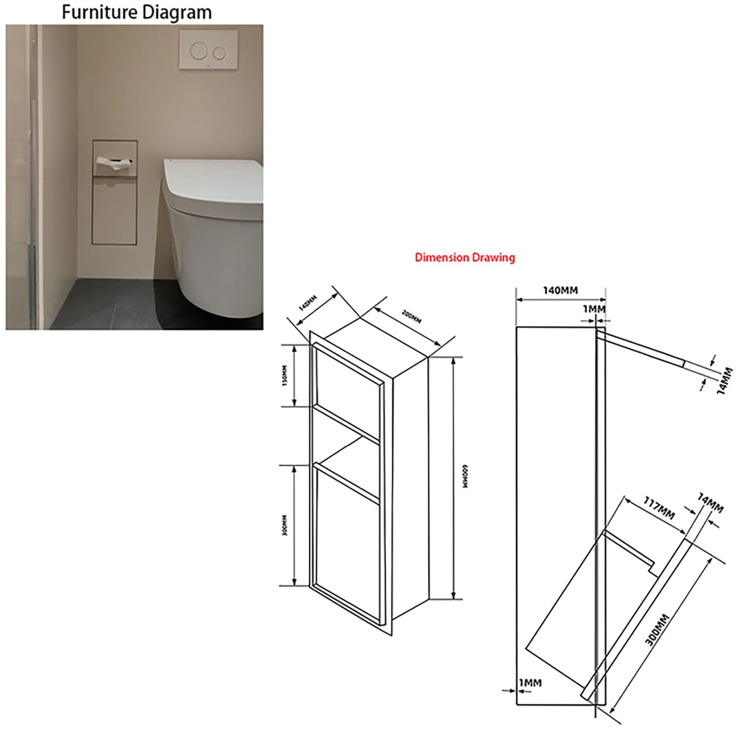 Portarotolo da Incasso Nero in Portarotolo da Parete, Mobile con Cestino Nascosto con Dispenser E Vano Portaoggetti Wall Box E Porta Salviette per Il Bagno,Black/c