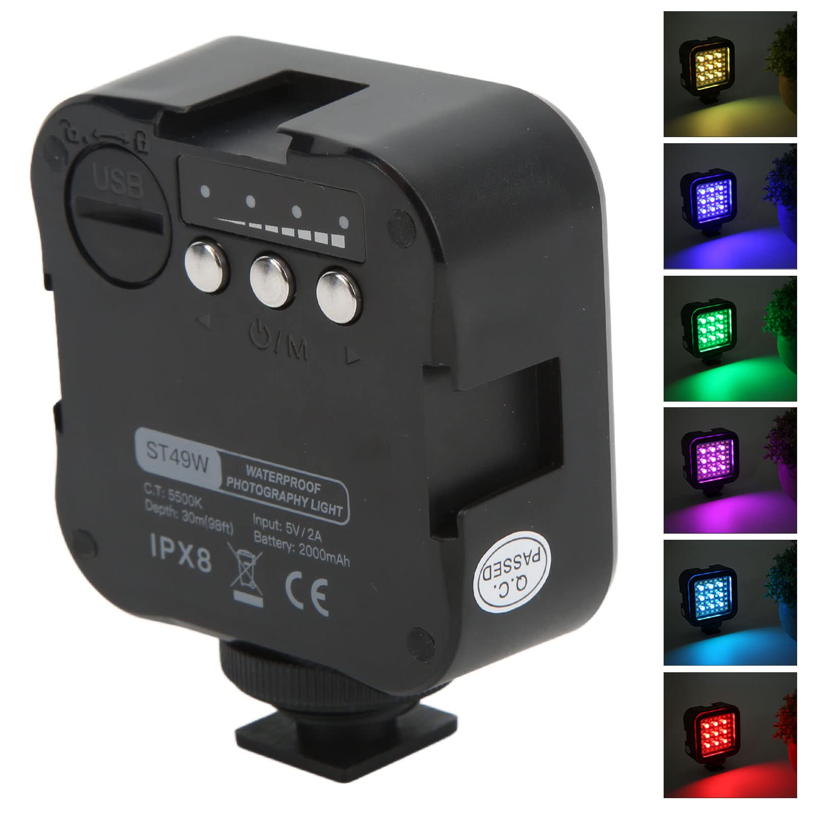 Luce Video Subacquea, Luce Video RGB ST49W 49 LED Luce di Riempimento Video Subacquea Dimmerabile Ad Alta Potenza 30 M/98 Piedi Impermeabile, Foro per Vite da 1/4'' e 3 Supporti per Scarpe Fredde, 200