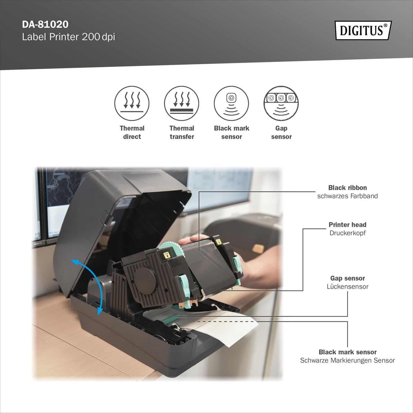 DIGITUS Stampante per etichette a trasferimento termico - 200 DPI - termica diretta - velocità di stampa 127 mm/s - porte USB 2.0, RS-232, Ethernet - lettore di schede SD