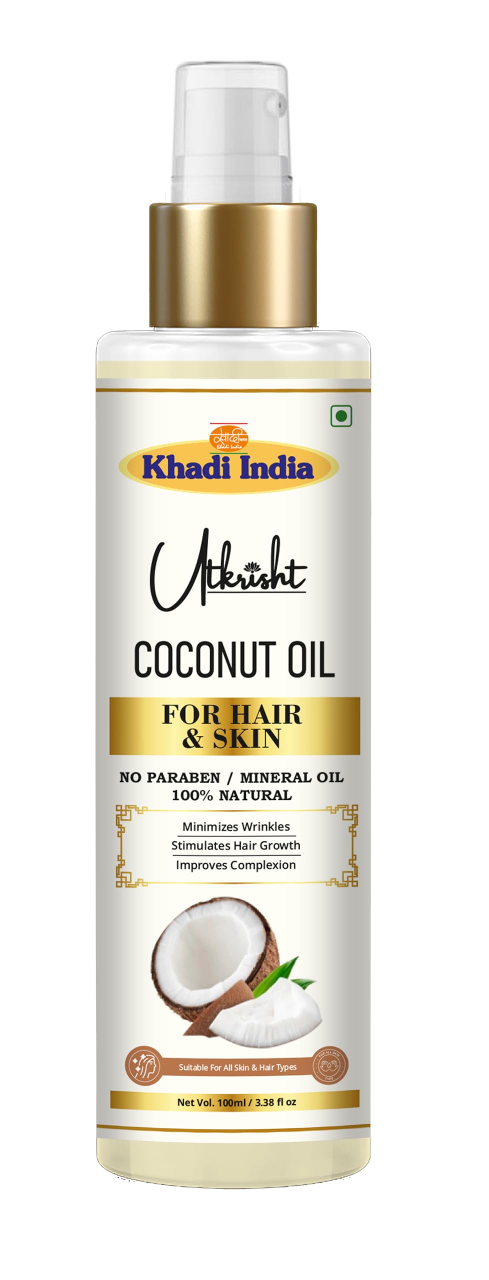 Utkrisht Khadi Coconut Oil For Skin & Hair 100ml | Pure & Natural Oil for Hair Growth & Nourishing Skin Care | Non Sticky, Paraben & Mineral Oil Free | For All Hair Types | Daily Use for Men & Women