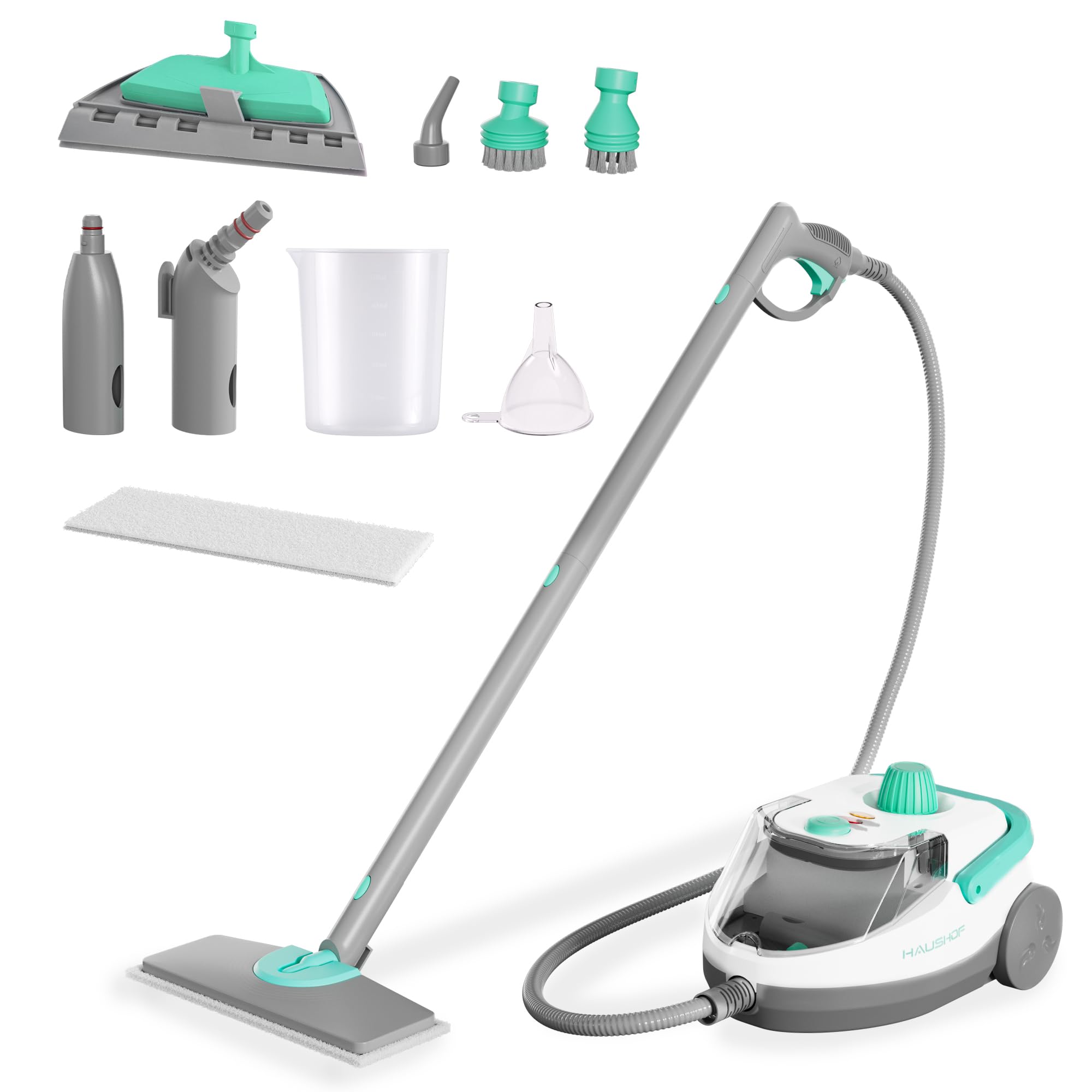 HAUSHOF Dampfreiniger 1800 W, mit 1,5 L Tank, max. 4 ,0 bar Dampfdruck, Aufheizzeit 8 Min, Dampfzeit bis zu 30 Min, inkl. 17 Zubehör & 3 m Netzkabel, für Boden, Teppich, Fenster & Küche, Weiß-Grün