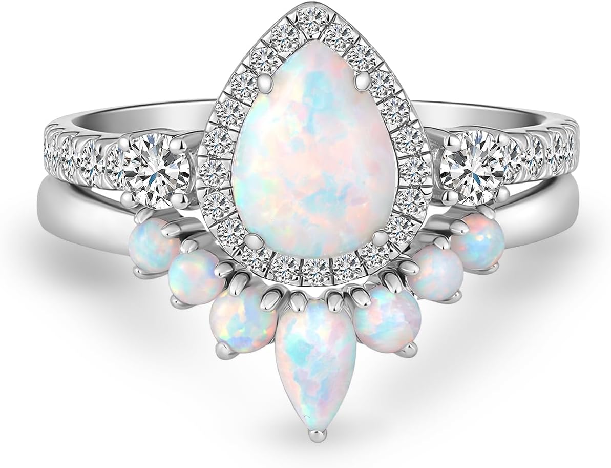 1CT White Opal Halo Wedding Ring Set Sterling Silver Three Stones Teardrop Bridal Sets, 18K White Gold Platinum Plated Pear Cut Opal Engagement Ring Sets for Women Gift for Anniversary Birthday
