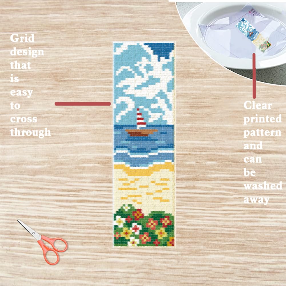 FREEBLOSS 6 Set Coast Stamped Cross Stitch Bookmark Kits Cross Stitch Kit Embroidery Bookmarks Kit for Adults Beginners with Backing Felt Embroidery Floss DIY Bookmark Kit for Book Lovers 8x2.4'' - Image 3