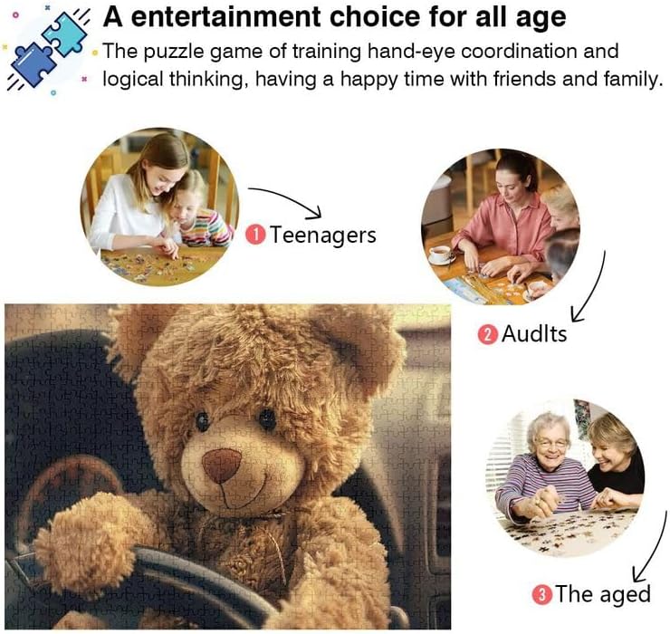1000 Pieces Jigsaw Puzzle Funny Bear Driving DIY Gift Jigsaw Puzzles with Mesh Storage Bag