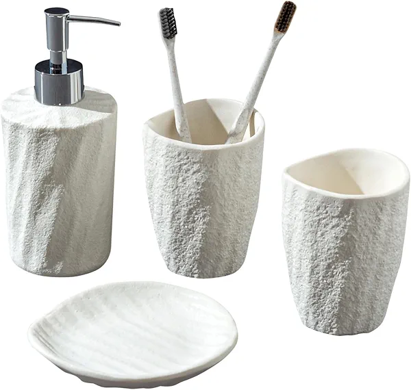 Bathroom Accessories Set, 4 PCS Modern Stone Look Bathroom Accessory Set with Hand Soap Dispenser 11.5 OZ, Tumblers, Toothbrush Holder, Bar Soap Dish Holder Saver (White)
