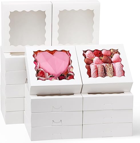 Moretoes 20 cajas blancas para tartas de 9 x 9 x 2.5 pulgadas con ventana para donas, galletas, magdalenas, fresas cubiertas de chocolate para el