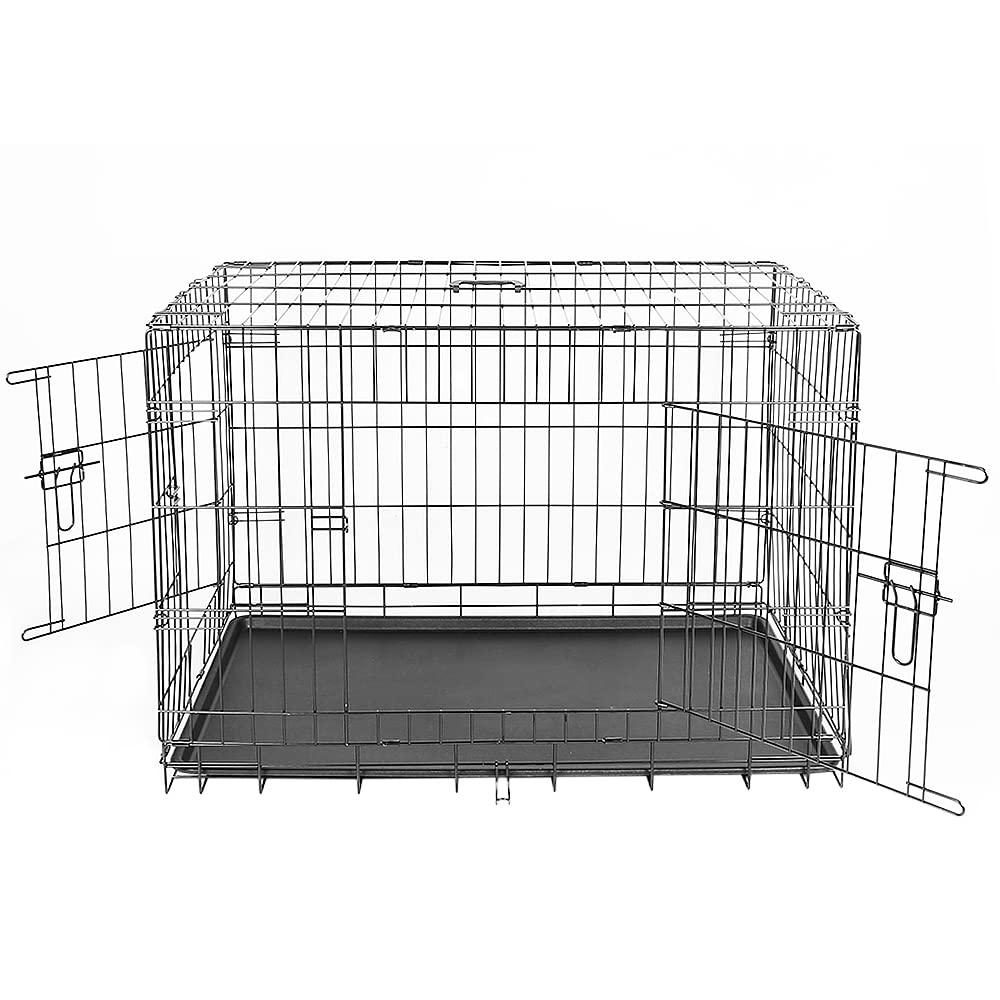 Jaula para perro, jaula de transporte para perros con 2 puertas, jaula de perro interior con asas y bandeja negra, doble puerta extraíble, fácil limpieza (106 x 76 x 71 cm)