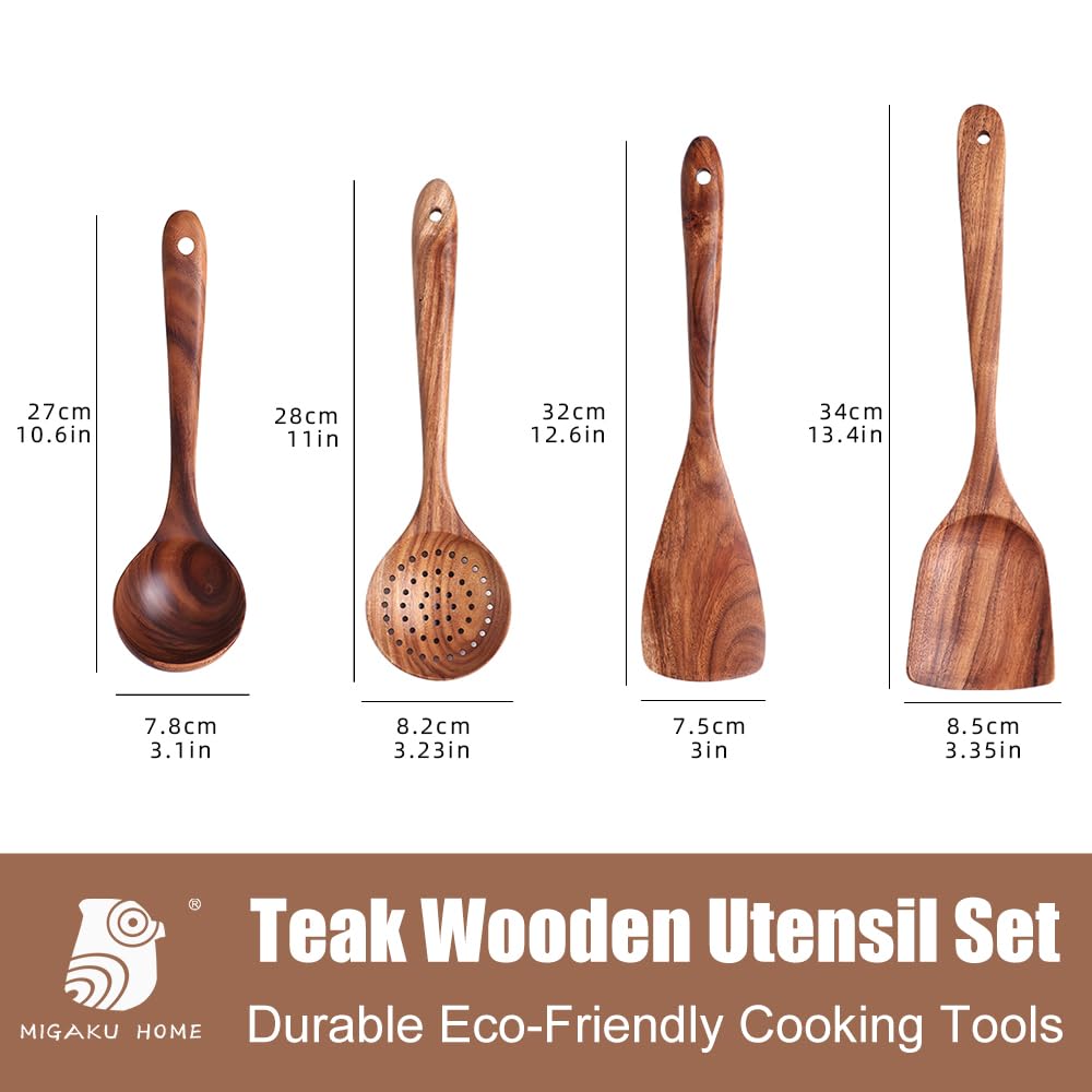 Cucharas de madera para cocinar, juego de 4 utensilios de madera de teca natural para cocinar, utensilios de cocina antiadherentes de primera calidad, herramientas de cocina de madera duraderas y