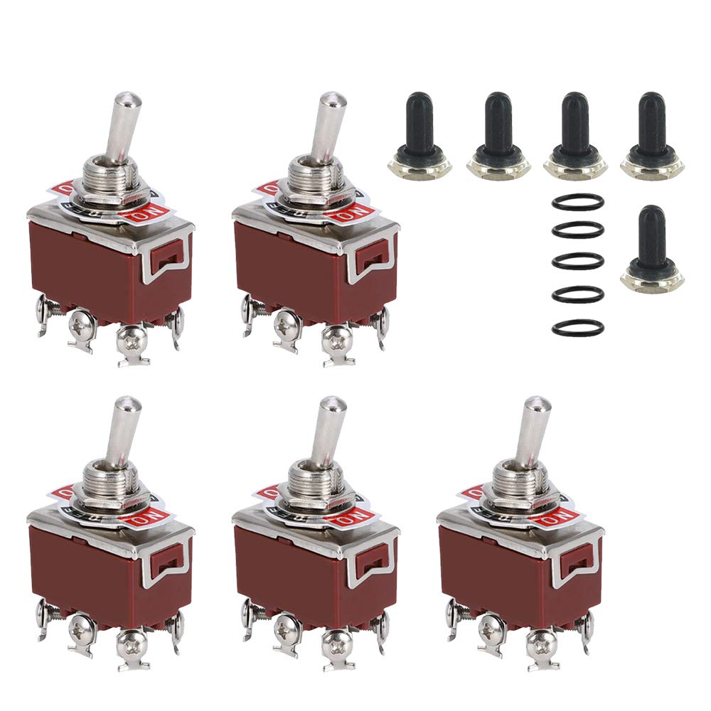 ESUPPORT Silver Contact Car Univeral Heavy Duty 20A 125V DPDT 6P On/Off/On Rocker Toggle Switch Metal Waterproof Boot Cap 12mm Pack of 5 | Silver Contact Copper Terminal Dashboard Switches Waterproof Boot Cap Cover Pack of 5 ON/OFF/ON 6P