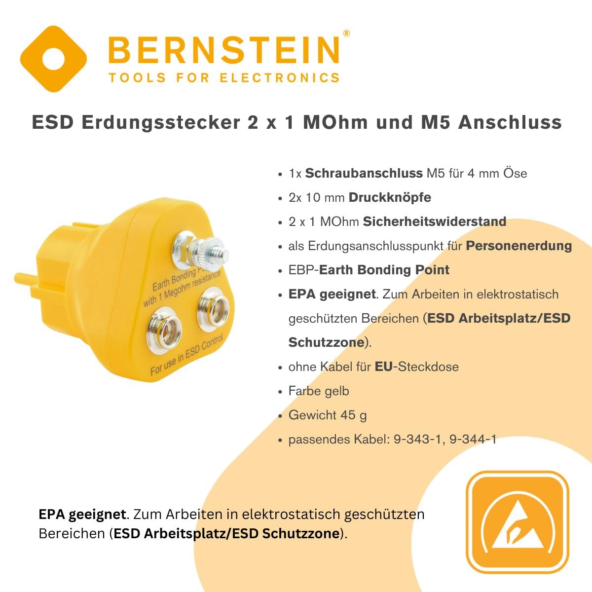 BERNSTEIN enchufe ESD conector M5, ojal 4 mm, 2 presiones 10 mm, resistencia 1 MΩ