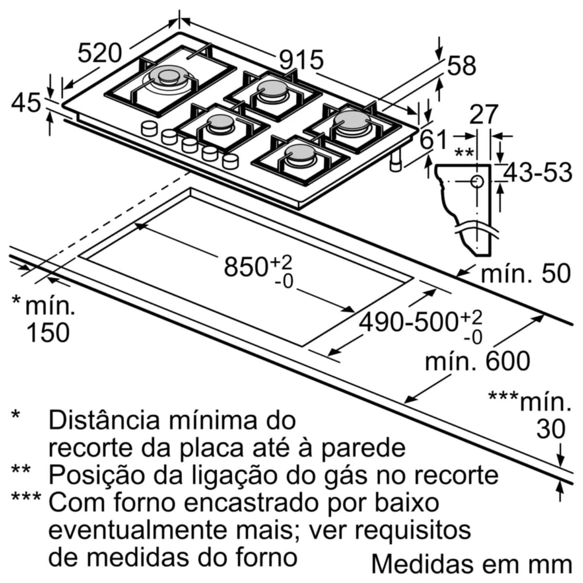 Bosch PRS9A6H40 Serie 8 - Placa de gas de 90 cm, 9 niveles FlameSelect, control táctil, soporte apto para lavavajillas, Smart Hood Automatic, Home Connect, apagado de gas de seguridad, cristal