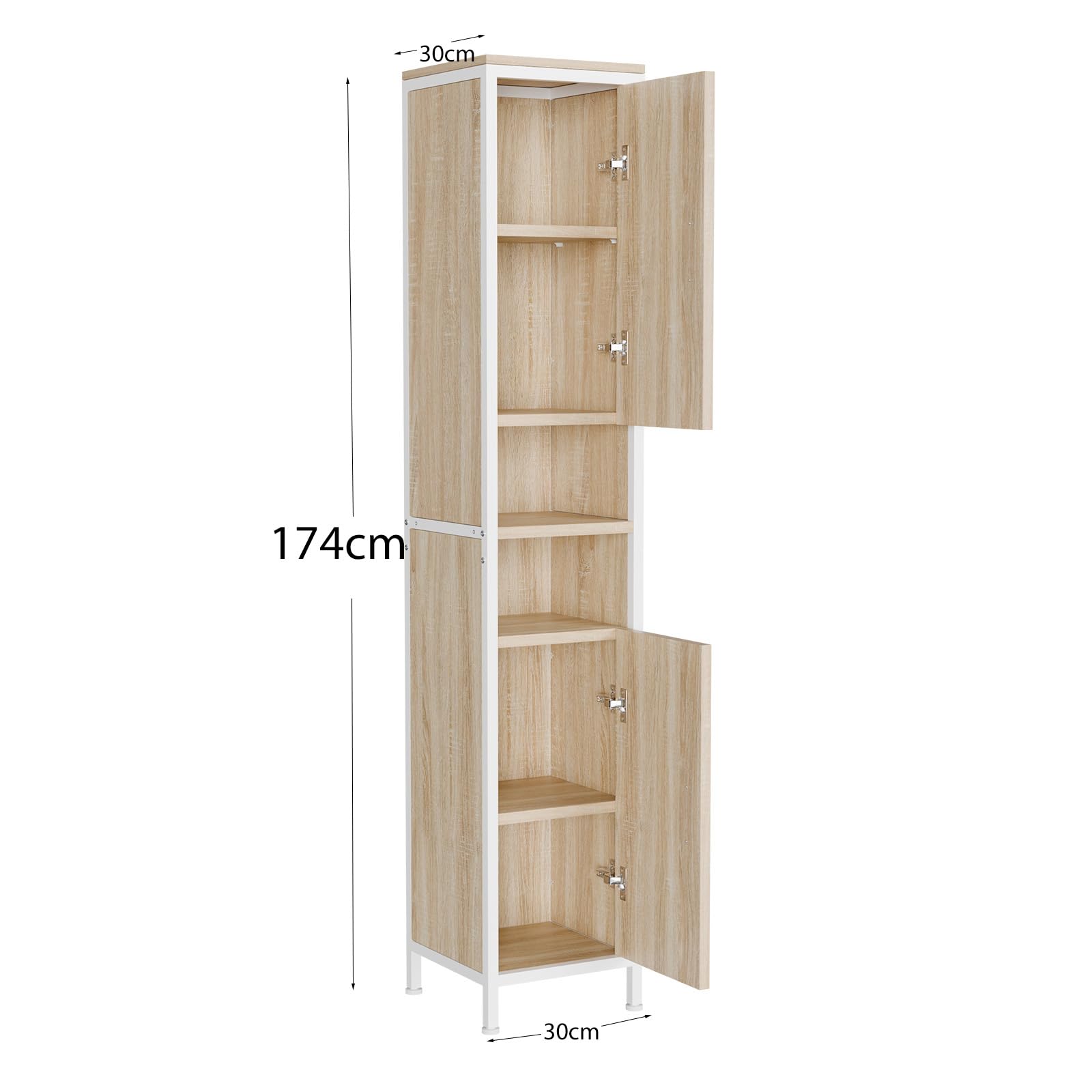 ELUCHANG Mobiletto Bagno Salvaspazio,Armadio da Bagno Alto con 2 Ante, Colonna Bagno da Terra con Ripiani Regolabili,Scomparto Aperto,per Soggiorno,Bagno,Ingresso,Rovere chiaro+Bianco,30X30X174cm