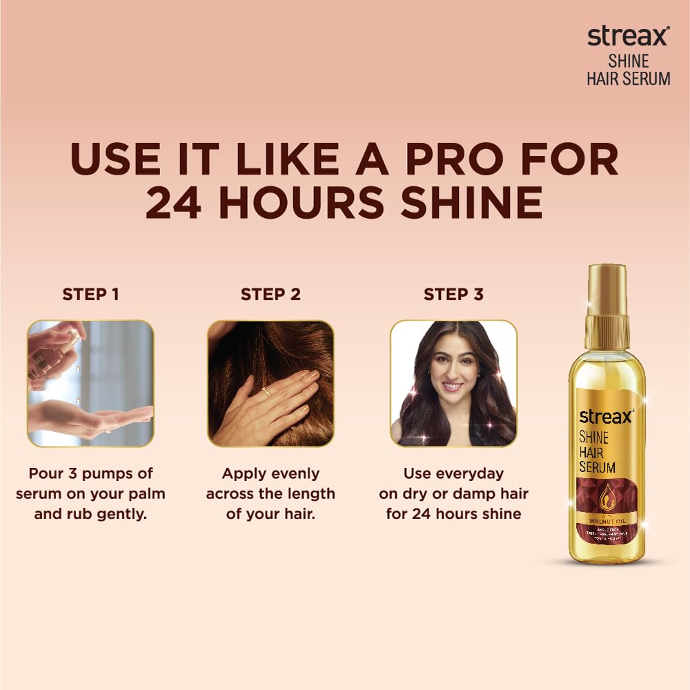 Streax Hair Serum 125ml, Hair serum for Dry & Frizzy Hair, for Women & Men,for Curly Hair, Wavy, Straight, Silk & Shine Vitalised with Walnut Oil 2