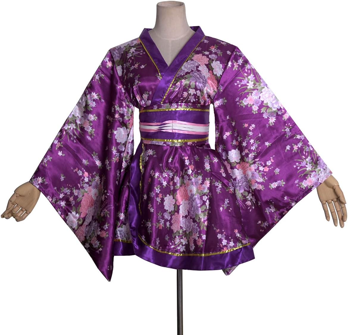 HUAHUA Women's Sexy Short Kimono Dress Floral Print Japanese Traditional Geisha Robe Bathrobe Skirt Belt Outfit