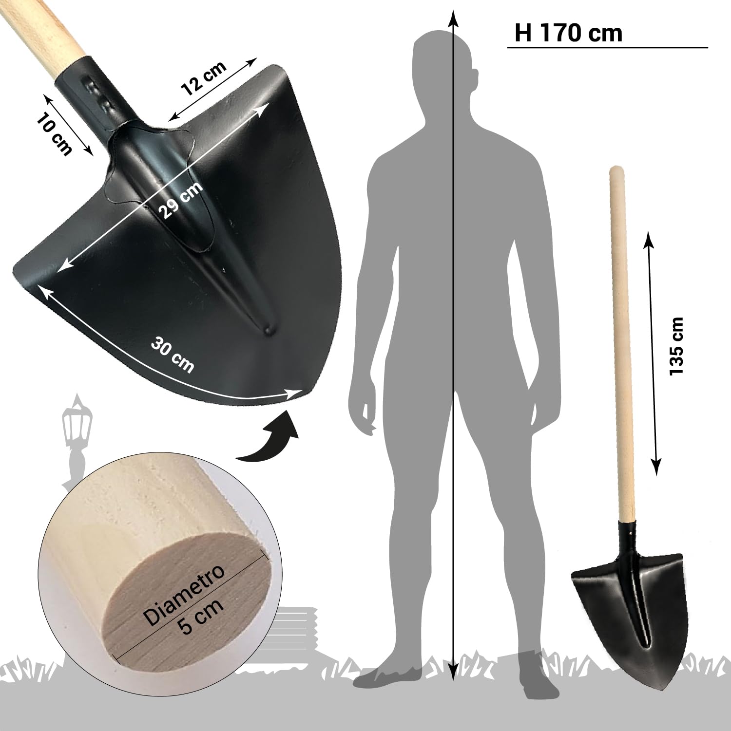 Crisalide® Set d'outils Pelle et Picone – Pelle en acier renforcé 40 x 29 cm avec poignée hêtre 135 cm + pic 47 cm en acier trempé – outils de creusement résistants pour sols durs et rocheux.