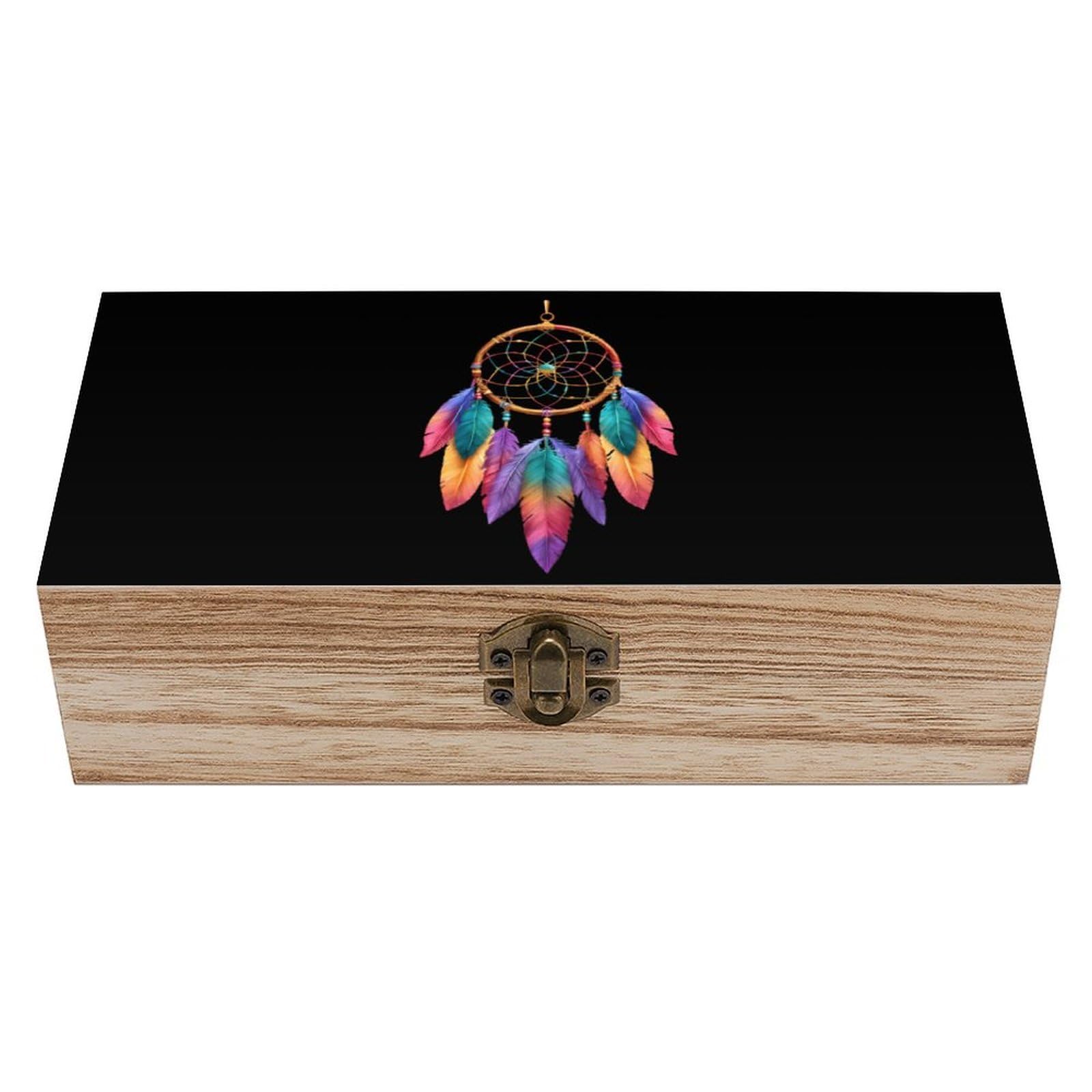 HLBSDM Dream Catcher Feather Wooden Box with Hinged Lid Decorative Storage Case Container