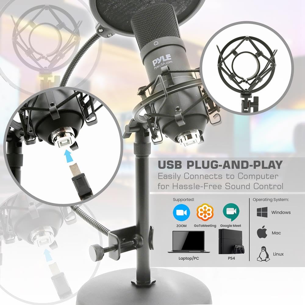 Pyle PDMIKT120 - Kit di registrazione con microfono cardioide audio con supporto da tavolo e filtro pop, per giochi PS4, streaming, podcasting, studio, Youtube, funziona con Windows Mac PC